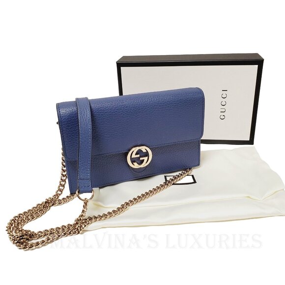 GUCCI BAG 510314 INTERLOCKING G CHAIN BLUE LEATHER CROSSBODY WALLET $1,550 - Picture 10 of 12